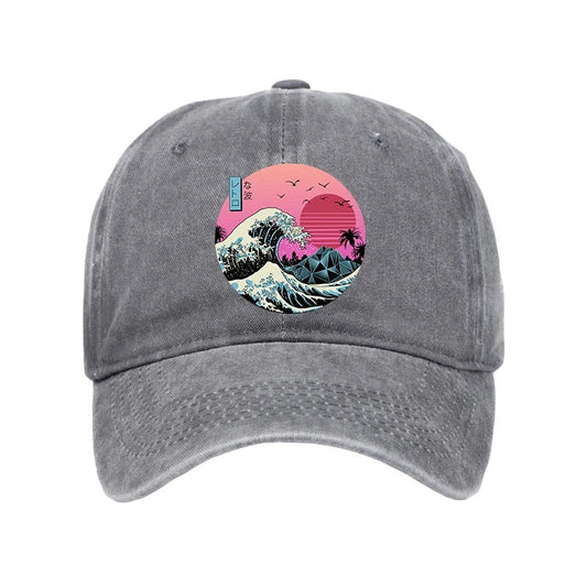 Unisex 100% Cotton Japanese The Great Retro Wave Vintage Print Cap - Grey - one size - image 1