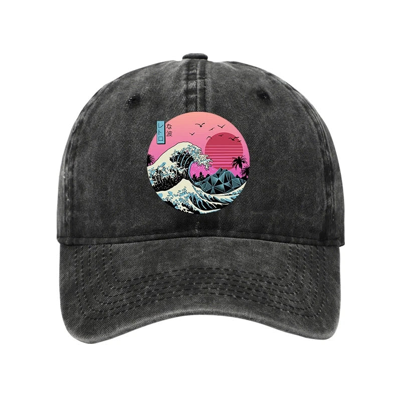 Unisex 100% Cotton Japanese The Great Retro Wave Vintage Print Cap - Black - one size - image 4