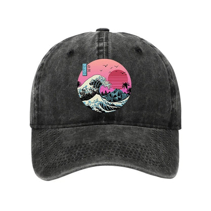 Unisex 100% Cotton Japanese The Great Retro Wave Vintage Print Cap - Black - one size - image 4