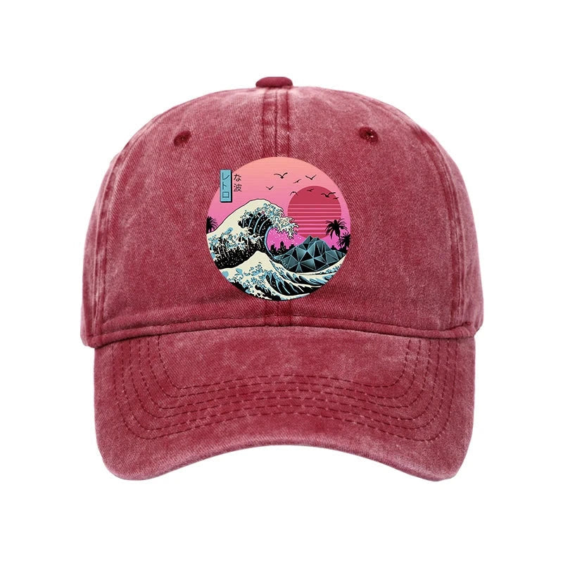 Unisex 100% Cotton Japanese The Great Retro Wave Vintage Print Cap - Rose - one size - image 7