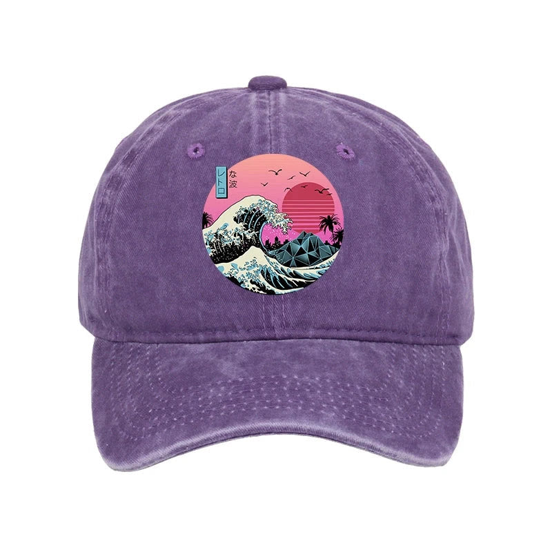 Unisex 100% Cotton Japanese The Great Retro Wave Vintage Print Cap - Purple - one size - image 5