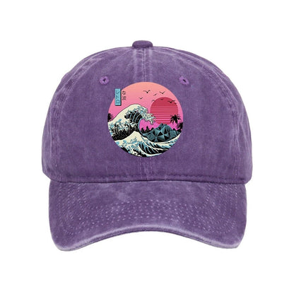 Unisex 100% Cotton Japanese The Great Retro Wave Vintage Print Cap - Purple - one size - image 5