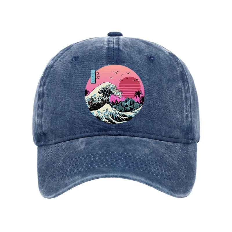 Unisex 100% Cotton Japanese The Great Retro Wave Vintage Print Cap - Blue - one size - image 6