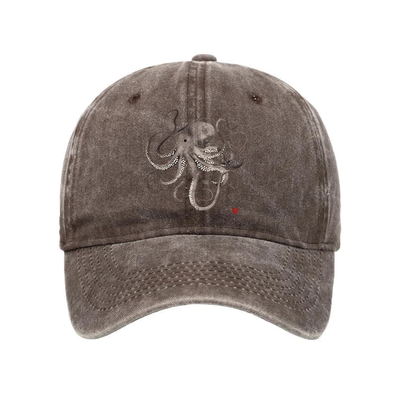 Unisex 100% Cotton Octopus Japanese Calligraphy Vintage Print Cap - Coffee - one size - image 2