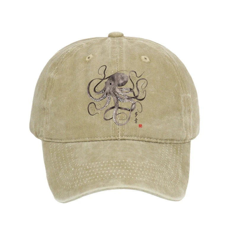 Unisex 100% Cotton Octopus Japanese Calligraphy Vintage Print Cap - Khaki - one size - image 1