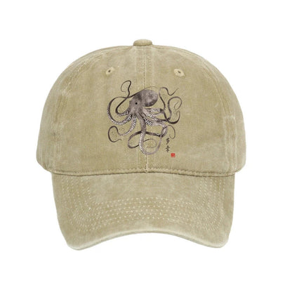 Unisex 100% Cotton Octopus Japanese Calligraphy Vintage Print Cap - Khaki - one size - image 1