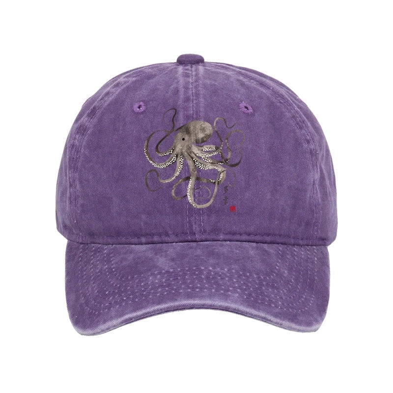 Unisex 100% Cotton Octopus Japanese Calligraphy Vintage Print Cap - Purple - one size - image 3