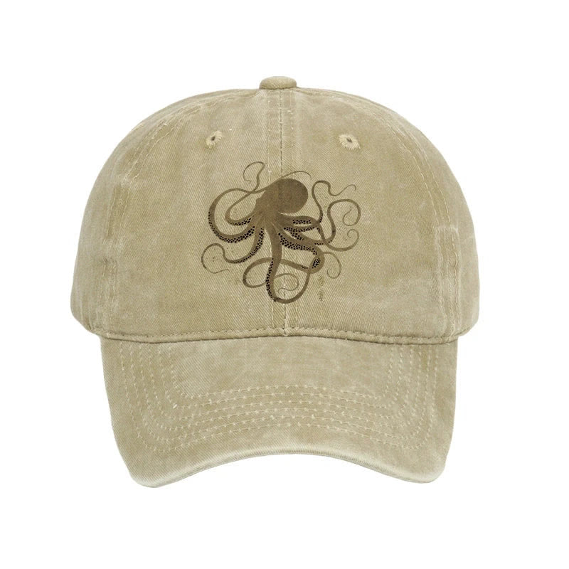 Unisex 100% Cotton Octopus Japanese Gold Print Tattoo Vintage Print Cap - Khaki - one size - image 4