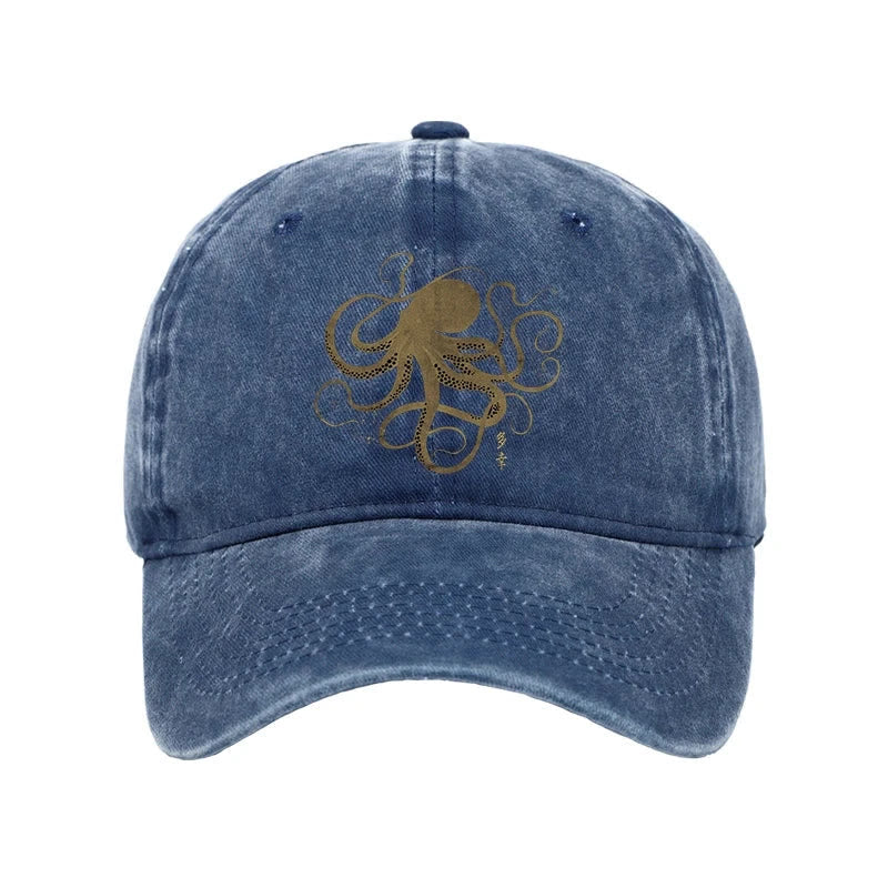 Unisex 100% Cotton Octopus Japanese Gold Print Tattoo Vintage Print Cap - Blue - one size - image 6