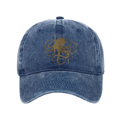 Unisex 100% Cotton Octopus Japanese Gold Print Tattoo Vintage Print Cap - Blue - one size - image 6