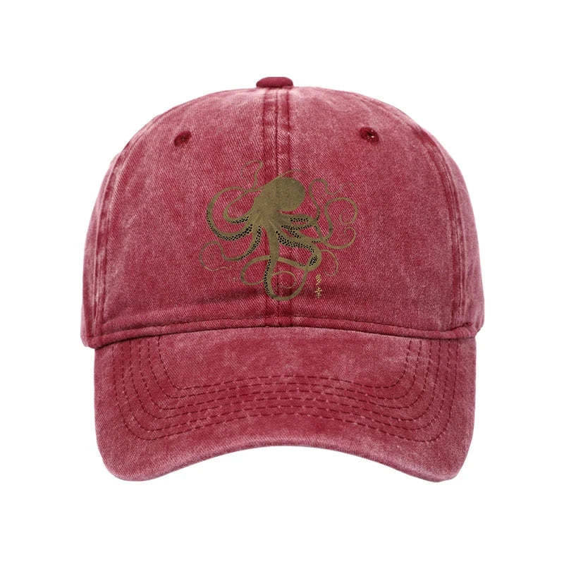 Unisex 100% Cotton Octopus Japanese Gold Print Tattoo Vintage Print Cap - Rose - one size - image 5