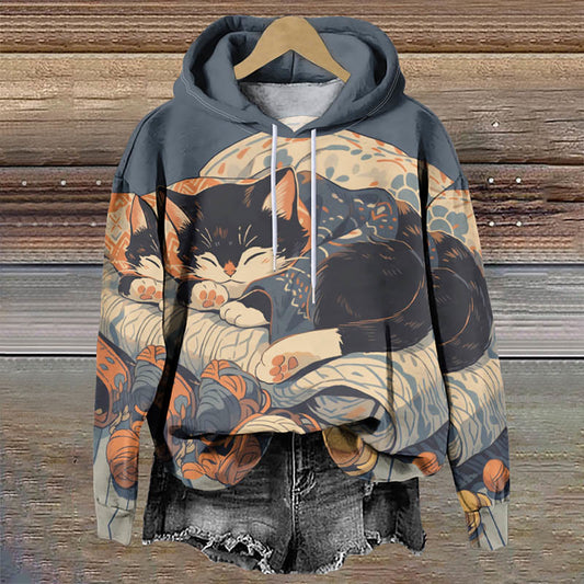 Women's Lovely Winter Sleeping Cat Art Print Long Sleeve Hoodie - Multicolor - 8XL - image 1
