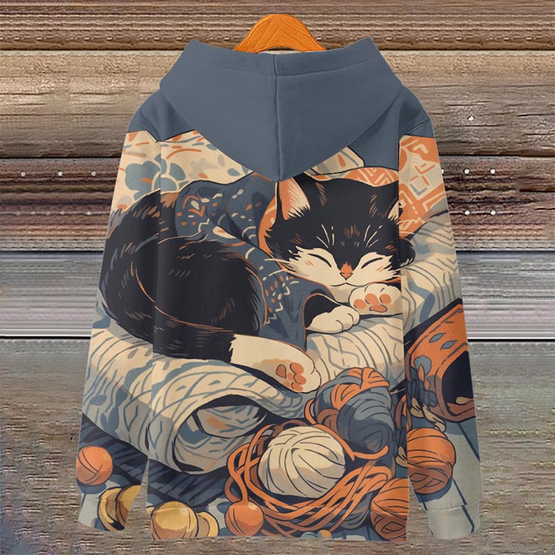 Women's Lovely Winter Sleeping Cat Art Print Long Sleeve Hoodie - image 2