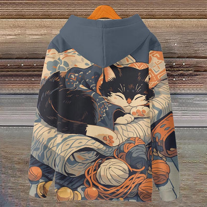 Women's Lovely Winter Sleeping Cat Art Print Long Sleeve Hoodie - image 2