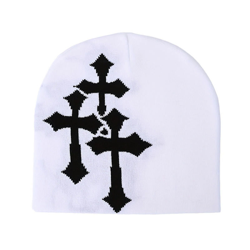 Causal Contrast Cross Pattern Knitted Hat - White - one size - image 2