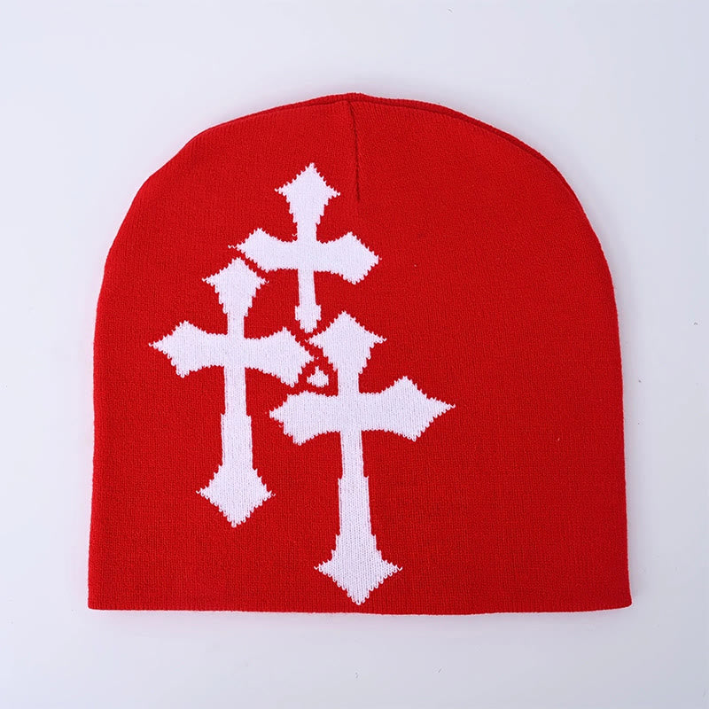Causal Contrast Cross Pattern Knitted Hat - Red - one size - image 6