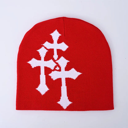 Causal Contrast Cross Pattern Knitted Hat - Red - one size - image 6
