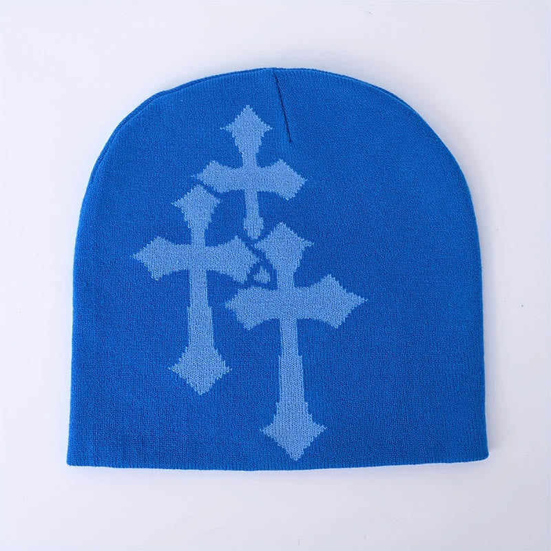 Causal Contrast Cross Pattern Knitted Hat - Blue - one size - image 5