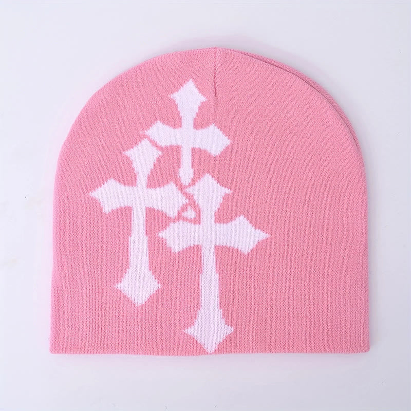 Causal Contrast Cross Pattern Knitted Hat - Pink - one size - image 4