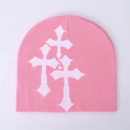 Causal Contrast Cross Pattern Knitted Hat - Pink - one size - image 4