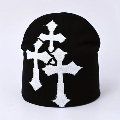 Causal Contrast Cross Pattern Knitted Hat - Black - one size - image 3
