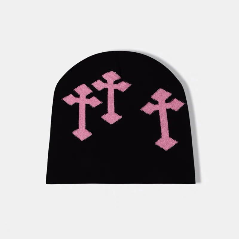 Contrast Cross Pattern Knitted Hat - Black Pink - one size - image 5