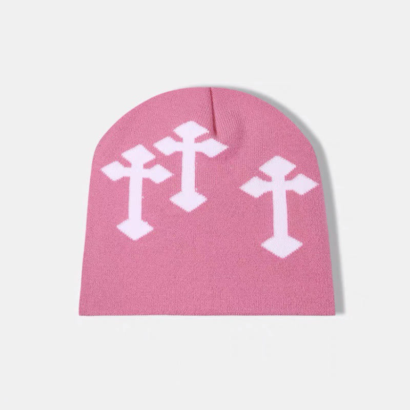 Contrast Cross Pattern Knitted Hat - Pink - one size - image 3
