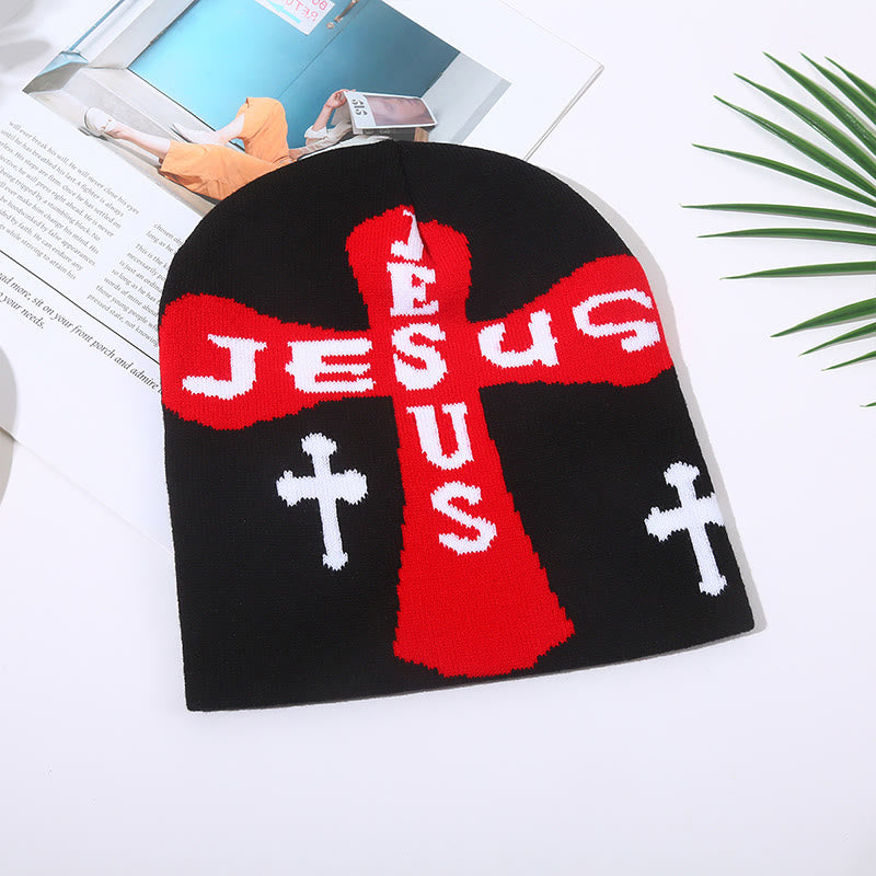 Jesus Cross Pattern Knitted Hat - Black - one size - image 2