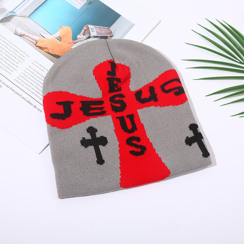 Jesus Cross Pattern Knitted Hat - Grey - one size - image 3