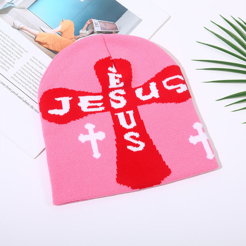 Jesus Cross Pattern Knitted Hat - Pink - one size - image 5
