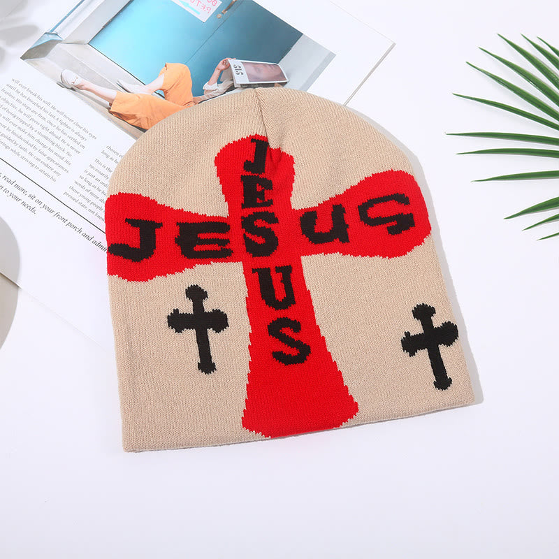 Jesus Cross Pattern Knitted Hat - Khaki - one size - image 4