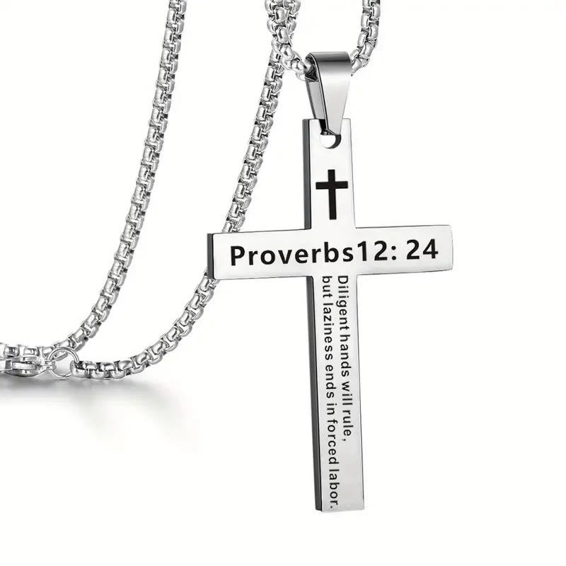 Bible Verse Cross Necklace - Proverbs12:24 - one size - image 4