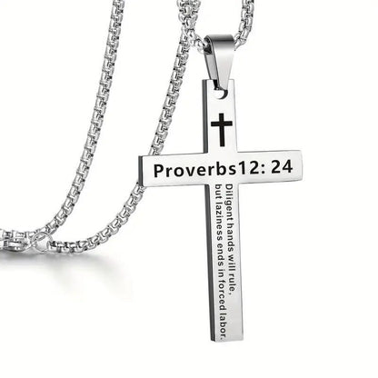 Bible Verse Cross Necklace - Proverbs12:24 - one size - image 4