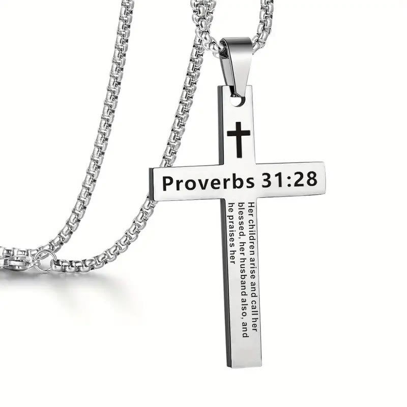 Bible Verse Cross Necklace - Proverbs 31:28 - one size - image 17