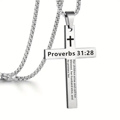 Bible Verse Cross Necklace - Proverbs 31:28 - one size - image 17