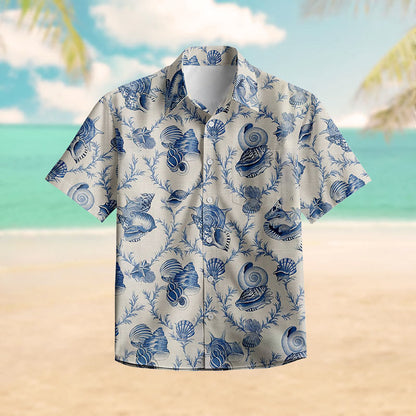 100% Cotton Nautical Seashell Print Short Sleeve Shirt - Blue - 6XL - image 1