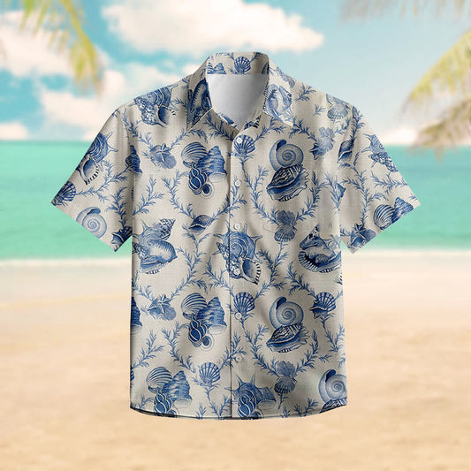 100% Cotton Nautical Seashell Print Short Sleeve Shirt - Blue - 6XL - image 1