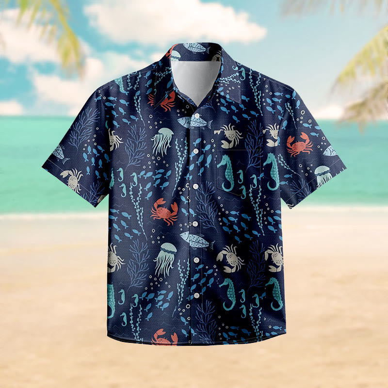 100% Cotton Underwater Adventure Marine Print Short Sleeve Shirt - Navy Blue - 6XL - image 0