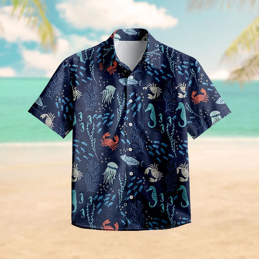 100% Cotton Underwater Adventure Marine Print Short Sleeve Shirt - Navy Blue - 6XL - image 0