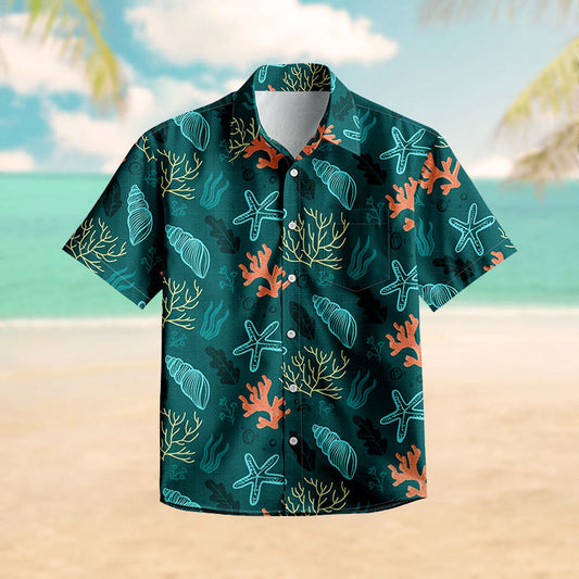 100% Cotton Tropical Coral Reef  Print Short Sleeve Shirt - Green - 6XL - image 0