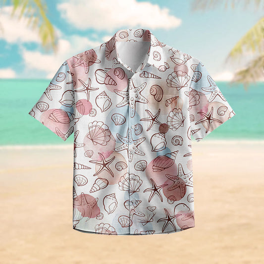 100% Cotton Pastel Seashell Paradise Print Short Sleeve Shirt - Multicolor - 6XL - image 0
