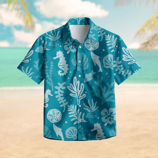 100% Cotton Teal Marine Life Print Short Sleeve Shirt - Green - 6XL - image 0
