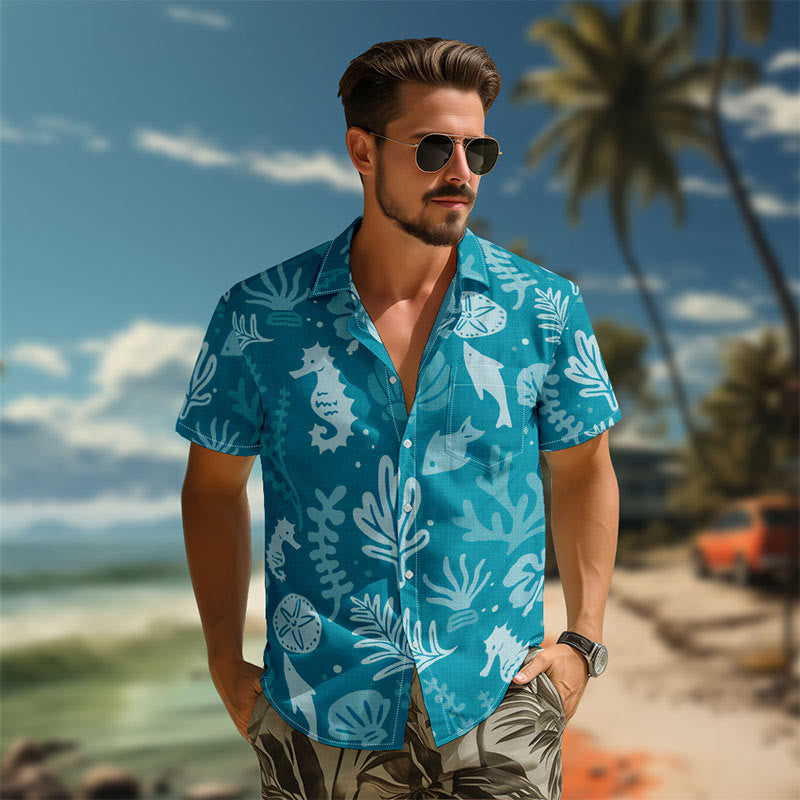 100% Cotton Teal Marine Life Print Short Sleeve Shirt - image 3