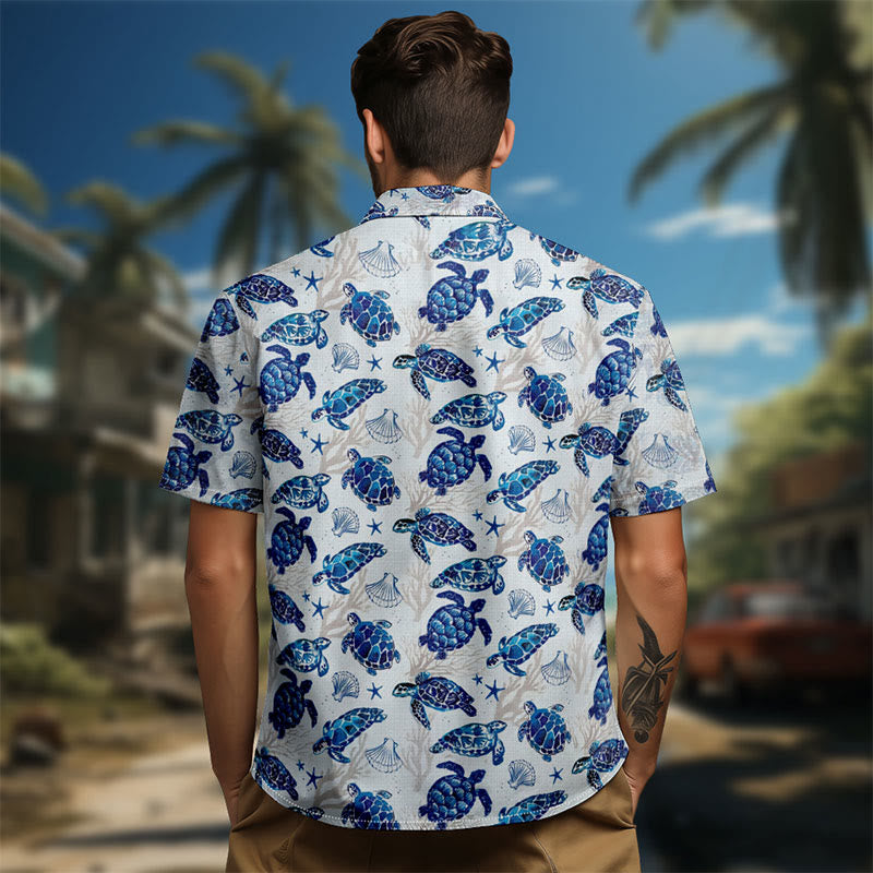 100% Cotton Lovely Sea Turtle & Seashell Print Short Sleeve Shirt - image 4
