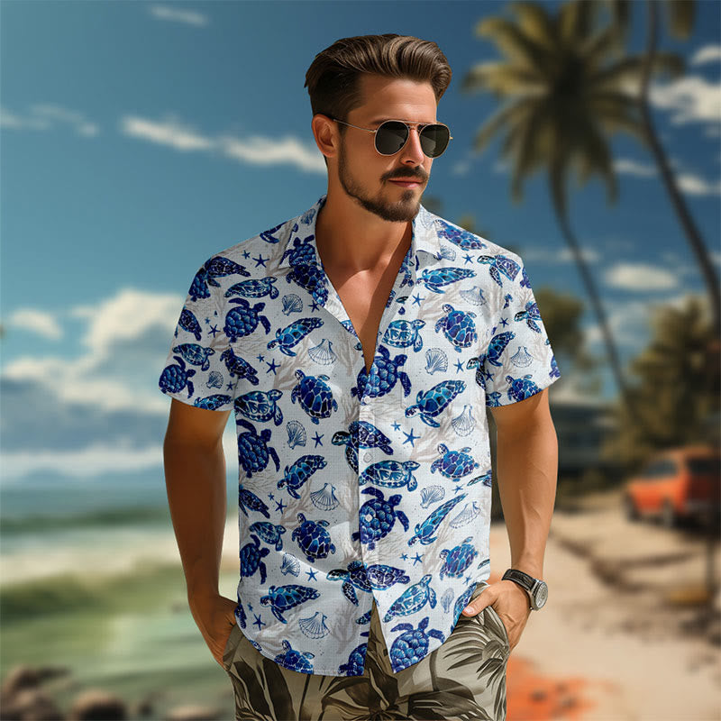 100% Cotton Lovely Sea Turtle & Seashell Print Short Sleeve Shirt - image 3