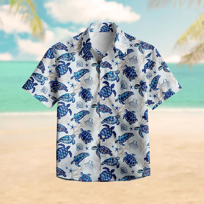 100% Cotton Lovely Sea Turtle & Seashell Print Short Sleeve Shirt - Blue - 6XL - image 0