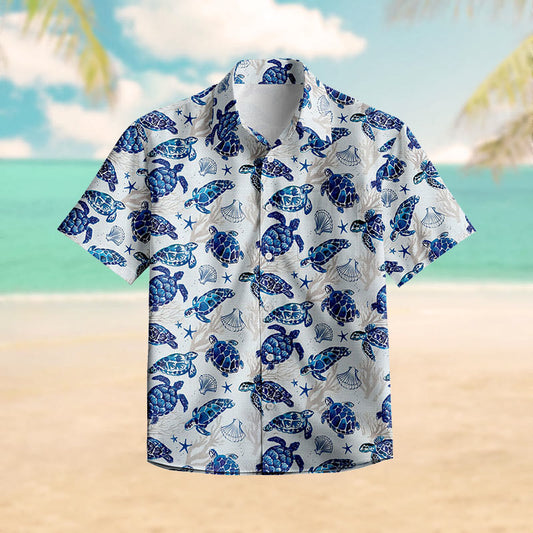 100% Cotton Lovely Sea Turtle & Seashell Print Short Sleeve Shirt - Blue - 6XL - image 0