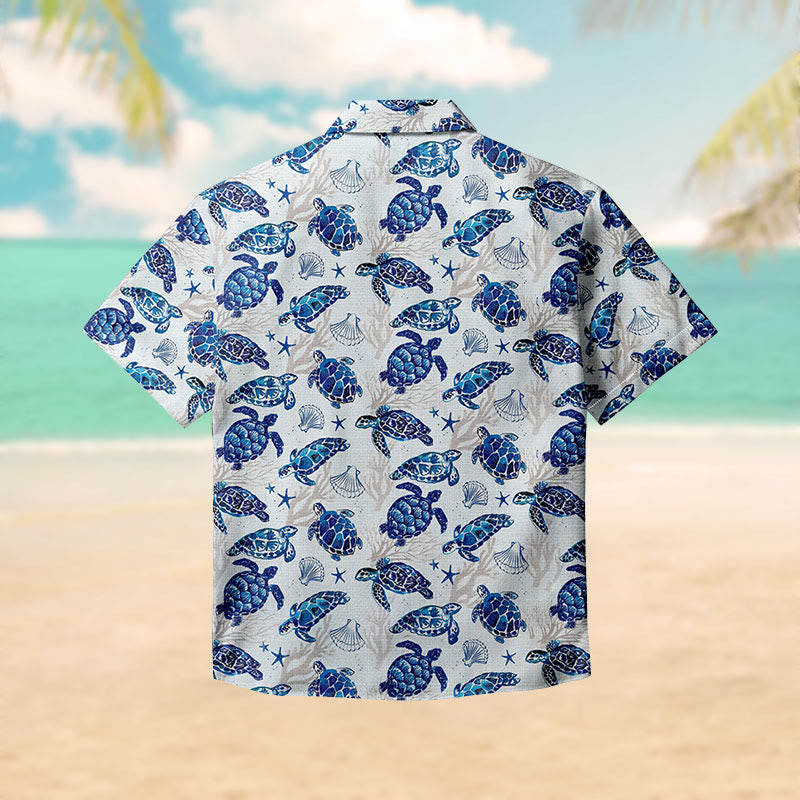 100% Cotton Lovely Sea Turtle & Seashell Print Short Sleeve Shirt - image 1