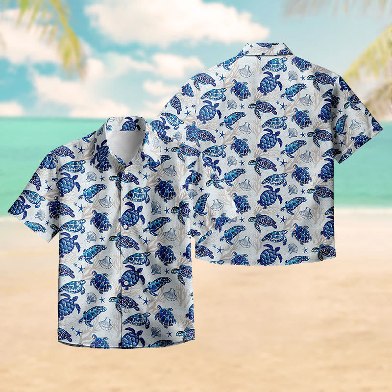 100% Cotton Lovely Sea Turtle & Seashell Print Short Sleeve Shirt - image 2