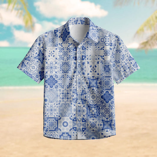 100% Cotton Geometry Floral Art Print Short Sleeve Shirt - Blue - 6XL - image 0